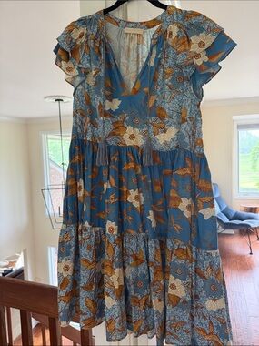 Ulla Johnson Teal Floral Tiered Midi Dress with Tassel Ties